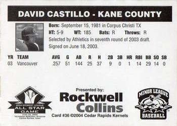 2004 Rockwell Collins Midwest League All-Stars #36 David Castillo Back