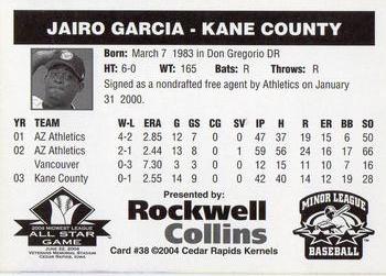 2004 Rockwell Collins Midwest League All-Stars #38 Jairo Garcia Back