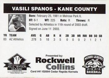 2004 Rockwell Collins Midwest League All-Stars #41 Vasili Spanos Back