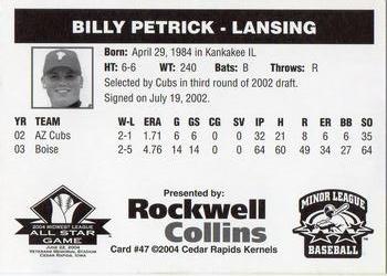 2004 Rockwell Collins Midwest League All-Stars #47 Billy Petrick Back