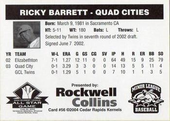 2004 Rockwell Collins Midwest League All-Stars #56 Ricky Barrett Back