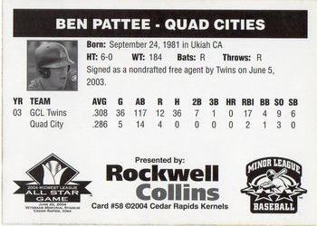 2004 Rockwell Collins Midwest League All-Stars #58 Ben Pattee Back