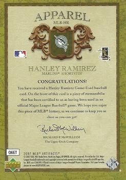 2007 Upper Deck Artifacts - MLB Apparel #MLB-HR Hanley Ramirez Back