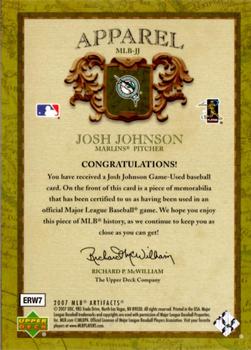 2007 Upper Deck Artifacts - MLB Apparel #MLB-JJ Josh Johnson Back