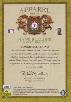 2007 Upper Deck Artifacts - MLB Apparel Gold #MLB-HB Hank Blalock Back