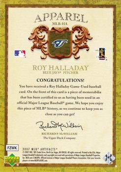 2007 Upper Deck Artifacts - MLB Apparel Limited #MLB-HA Roy Halladay Back
