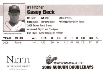 2009 Auburn Doubledays #NNO Casey Beck Back