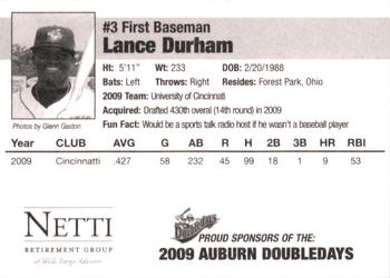 2009 Auburn Doubledays #NNO Lance Durham Back