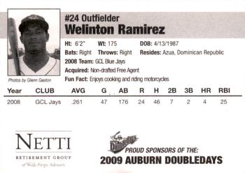2009 Auburn Doubledays #NNO Welinton Ramirez Back