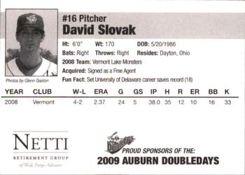 2009 Auburn Doubledays #NNO David Slovak Back