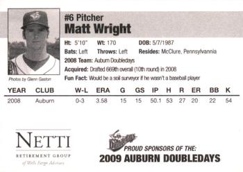 2009 Auburn Doubledays #NNO Matt Wright Back