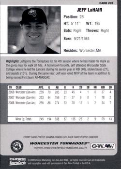 2009 Choice Worcester Tornadoes #2 Jeff LaHair Back