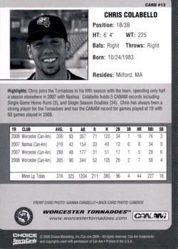 2009 Choice Worcester Tornadoes #13 Chris Colabello Back