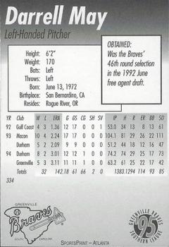 1995 SportsPrint Greenville Braves #NNO Darrell May Back
