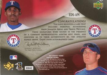 2007 Upper Deck Exquisite Collection Rookie Signatures - Dual Signatures #EDS-AM Joaquin Arias / Travis Metcalf Back