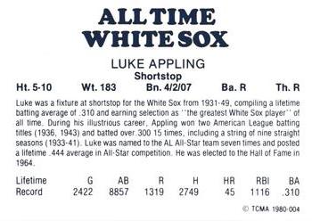 1980 TCMA All Time Chicago White Sox - Black Back #4 Luke Appling Back