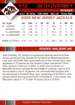 2009 New Jersey Jackals #NNO Seth Overbey Back