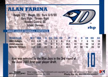 2009 Grandstand Dunedin Blue Jays #NNO Alan Farina Back