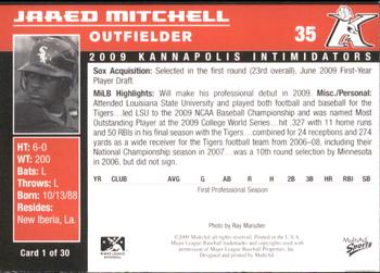 2009 MultiAd Kannapolis Intimidators Set B #1 Jared Mitchell Back