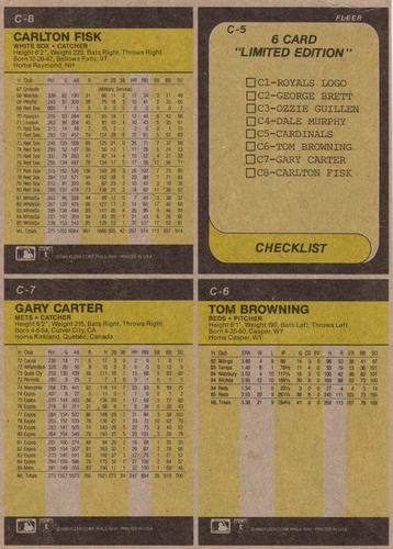 1986 Fleer - Box Bottom Panels #C-5 / C-6 / C-7 / C-8 St. Louis Cardinals Logo / Carlton Fisk / Tom Browning / Gary Carter Back