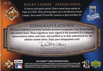 2007 Upper Deck Exquisite Collection Rookie Signatures - Reflections Autographs #REF-CS Rocky Cherry / Joakim Soria Back
