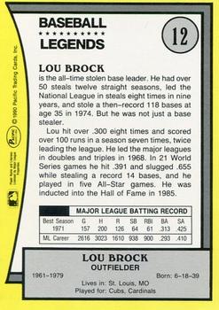 1990 Pacific Legends - Glossy #12 Lou Brock Back