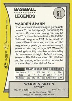 1990 Pacific Legends - Glossy #51 Warren Spahn Back