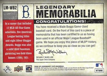 2008 SP Legendary Cuts - Legendary Memorabilia Blue #LM-WB2 Wade Boggs Back