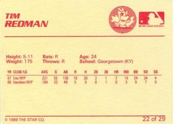 1989 Star Hamilton Redbirds - Platinum #22 Tim Redman Back