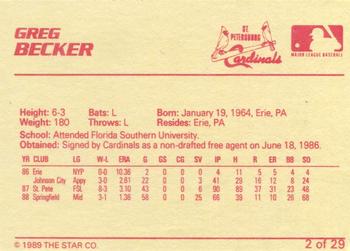 1989 Star St. Petersburg Cardinals - Platinum #2 Greg Becker Back