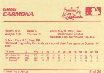 1989 Star St. Petersburg Cardinals - Platinum #5 Greg Carmona Back