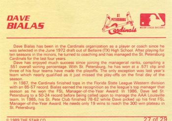 1989 Star St. Petersburg Cardinals - Platinum #27 Dave Bialas Back