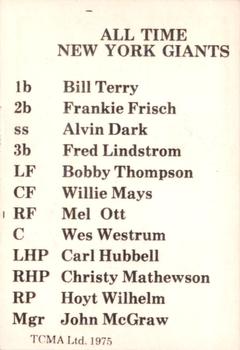 1975 TCMA All Time New York Giants (Red Names) #NNO Willie Mays Back