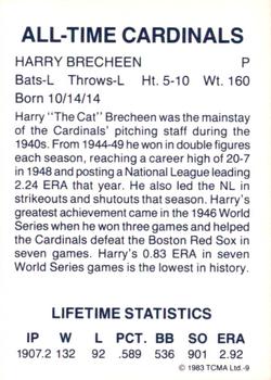 1983 TCMA All-Time St. Louis Cardinals Black Letters #9 Harry Brecheen Back