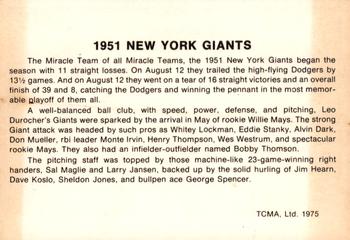 1975 TCMA 1951 New York Giants (Orange Names) #NNO Herman Franks / Leo Durocher / Freddie Fitzsimmons / Frank Shellenback Back