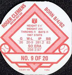1988 Weis Winners Discs #9 Roger Clemens Back