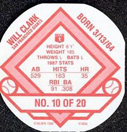 1988 Weis Winners Discs #10 Will Clark Back