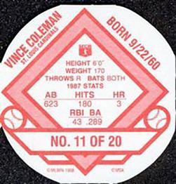 1988 Weis Winners Discs #11 Vince Coleman Back