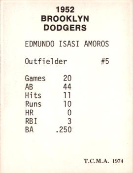 1974 TCMA 1952 Brooklyn Dodgers Matte Finish #NNO Sandy Amoros Back
