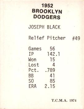 1974 TCMA 1952 Brooklyn Dodgers Matte Finish #NNO Joe Black Back