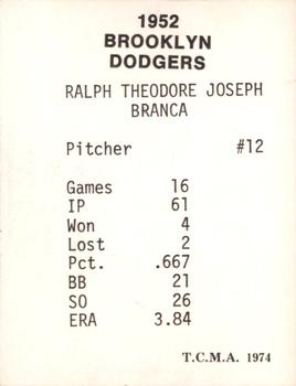 1974 TCMA 1952 Brooklyn Dodgers Matte Finish #NNO Ralph Branca Back