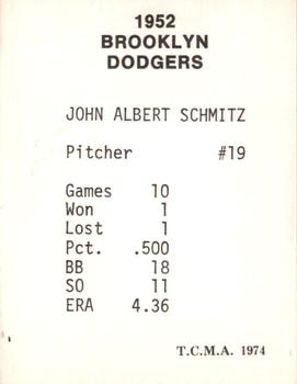 1974 TCMA 1952 Brooklyn Dodgers Matte Finish #NNO Johnny Schmitz Back