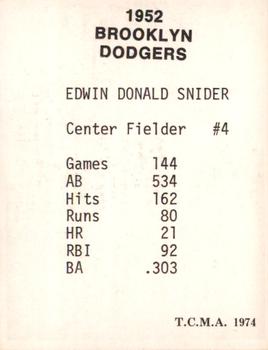 1974 TCMA 1952 Brooklyn Dodgers Matte Finish #NNO Duke Snider Back