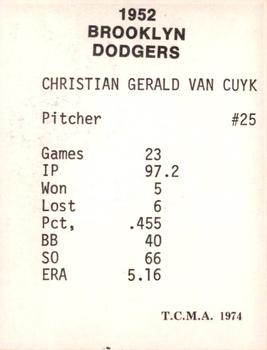 1974 TCMA 1952 Brooklyn Dodgers Matte Finish #NNO Chris Van Cuyk Back
