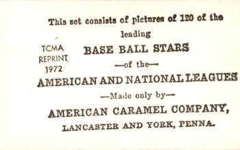 1972 TCMA 1922 American Caramel E121 Reprints #NNO Bob Veach Back