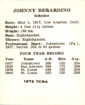 1972 TCMA 1941 St. Louis Browns W753 Reprints #NNO Johnny Berardino Back