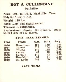 1972 TCMA 1941 St. Louis Browns W753 Reprints #NNO Roy Cullenbine Back