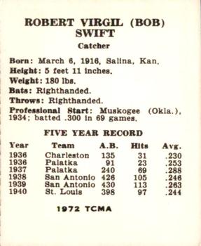 1972 TCMA 1941 St. Louis Browns W753 Reprints #NNO Bob Swift Back