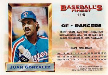 1993 Finest #116 Juan Gonzalez Back