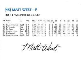1987 Richmond Braves #NNO Matt West Back